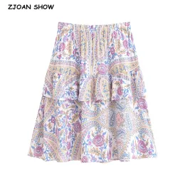 Skirts BOHO Contrast Color Flower Print Knee length Skirt Spliced Ruched Ruffle Hem Women Elastic Waist Aline Swing Skirt Holiday