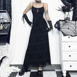 Womens Gothic Style Cross Flocked Fabric Dress ALine Suspender Long Skirt 2024 Spring Style CF23686AH 240304