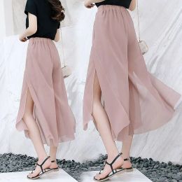 Capris 2021 Side Split Shorts Skirt Women's Summer Sweet Slim Chiffon Capris Skirts Female Korean Style Split Tulle Skirt Pants