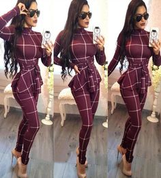 Gym Clothing Plaid Print Bodycon Jumpsuit Women Turtleneck Long Sleeve Peplum One Piece Overalls Skinny Party Casual Romper Catsui3987924