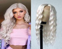 Platinum Blonde Synthetic Lace Wigs 24 Inches Long Body Wave Synthetic Wig White Wavy Lace Wigs for Women 2201219766715