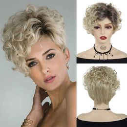 Hair Wigs Synthetic Dark Root Ombre Blonde Wig for Women Stylish Perm Curly Short Pixie Cut with Bangs Party Halloween 240306