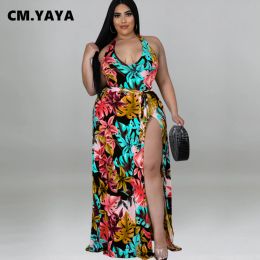 Swimwear CM.YAYA Plus Size Flower Women Tie Up High Split Chiffon Maxi Long Skirt and Bodysuit Matching Two 2 Piece Set Beach Swimsuit