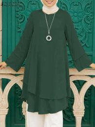 Tops ZANZEA Spring Twolayer Design Blouse Fashion Muslim Shirt ONeck Solid Blusas Elegant Holiday Party Top Turkey Abaya Hijab 2023