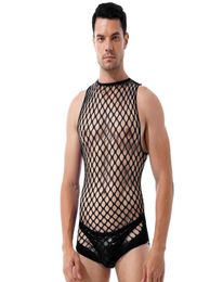 OnePiece Suits Mens Seethrough Netted Lingerie Bodysuits Hollow Out Fishnet Bodystockings Halter Neck Sleeveless Stretchy Nightw5379998