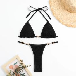 Set Rhinestone Swimsuit Woman 2023 Bikini Solid Black Two Piece Swimwear Metal Chain Bathing Suit Sexy Thong Backless Beachwear