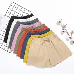 Shorts Womens Shorts Summer 2023 Loose Linen Cotton Casual Khaki Korean Wide Leg Pant Female Drawstring Elastic Waist Bikers Shorts