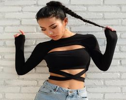 2019New Women039s Long sleeve croptop Short Clubwear Tshirt Sexy openwork strapping blouse for women Black Yellow S M L3182909