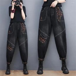 Women's Jeans Floral Printed Denim Women Vintage Black Pencil Harem Female Ankle-Length Ladies Pockets Spring Autumn 2024