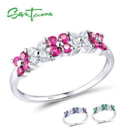 SANTUZZA 925 Sterling Silver Ring For Women Shiny Created Ruby Green Spinel Blue Cubic Zirconia Elegant Flowers Party Jewelry6374478