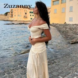 Suits Zuzanny Maxi Dress Two Piece Sets Women French Outfits Sexy Off Shoulder Deep V Crop Tank Top and Ruched Long Skirts Sets