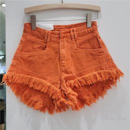 Jeans Orange Denim Shorts Women Green Hot Pants 2023 Summer Woman's Clothing AllMatch Ins Fashion WideLeg Ripped Tassel Shorts