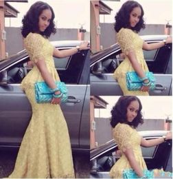 African Fashion Vestido Longo O Neck Short Sleeve Mermaid Floor Length prom Gown Yellow Lace Elegant Nigeria Style Pageant Evening9441704