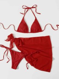 Set 2024 Women's High Waist Bikini, Halter Cut Out Skirt Swimsuit, Brazilian Bathing Suit, Sexy Swimwear, Solid Red, 3 Piece