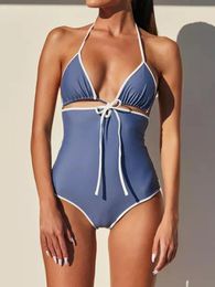 Women's Swimwear 2024 Solid Hollow Out One-Piece Suits Halter Bodysuit High Cut Bathing Suit Triangle Sexy String Women