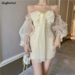 Dress Long Puff Sleeve Dress Women Slash Neck Tunic Mini Vestidos Solid Party Slim New Arrival Chic Elegant French Ladies Hot Design