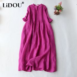 Dress Summer Autumn New Stand Collar Cotton Linen Folds Robe Female 3/4 Sleeve Loose Casual Fashion Vestidos Women's Solid Color Dress