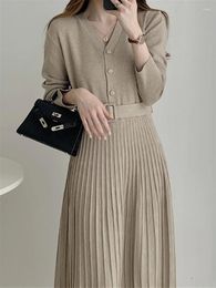 Casual Dresses Clothing 2024 Korean Belt Khaki Warm Vintage Winter Solid Autumn Elegant Woman Knitted Sweater Dress Women Thick