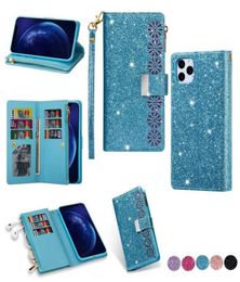 Fashion glittering sequins back zipper hollow flower trifold leather wallet case for iphone 12 11 pro max x xr xs max 6 7 8 plus771483730