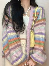 Deeptown Y2K Harajuku Rainbow Striped Cardigan Women Vintage Oversized Knitted Sweater Sweet Casual Long Sleeve Tops 00s Korean 240227