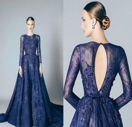 Navy Blue Elie Saab Evening Dresses Lace Formal Prom Dresses Gowns With A Line Lace Applique Beads Crew Neck Long Sleeves Cheap 205322546