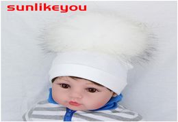 Sunlikeyou Newborn Hats Boy Girl Real Raccoon Fur Pompom Warm Baby Beanie Bonnet Cotton Soft Cap Kids Toddler Hat T1910146009158