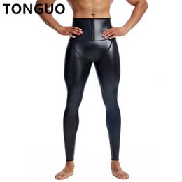 Men High Waist Fashion Fitness Slim Stretch Leather Pants Body Shaper Waist Trainer Abdomen 3-Hook Compression Leather Pants 240220