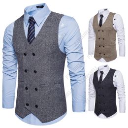 Vests Mens Vest Slim Fit Sleeveless Wool Tweed Waistcoat Men Double Breasted Herringbone Tweed Vest Men Business Casual Gilet Men XXL