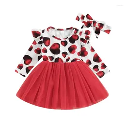 Girl Dresses Baby 2Pcs Toddler Infant Long Sleeve Round Neck Ruffle Heart Print A Lined Casual Mesh Dress Headband Streetwear