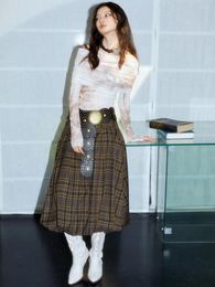 Skirts Maillard Style Caramel Plaid Skirt Women Autumn Winter Versatile And Minimalist Vintage Mid Long Bouffant Y2k Clothing