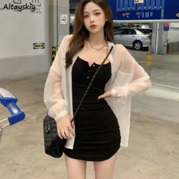 Suits Hotsweet Sets Women Daily Sunscreen Long Shirts Bodycon Chic Sexy Mini Dress Streetwear 2 Pieces Outfit Korean Fashion Clothing