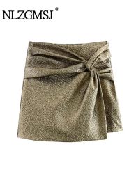 Shorts TRAF 2024 Knot Mini Skirt Shorts Woman Gold Women's Skort Pleated High Waist Shorts For Women Chic Elegant Short Pants