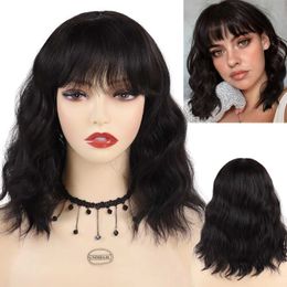 Hair Wigs Synthetic Medium Brown Curly Wig with Bangs Natural Fluffy Water Wave for Women Cosplay Halloween Daily Party 240306