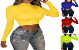 Women039s TShirt Fashion Bodycon Slim Fit Tshirt Women Solid Turtle Neck Long Sleeve Crop Top Red Blue Yellow Pullover Casual 9819622