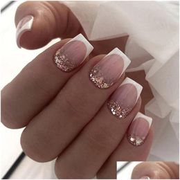 False Nails 2023 Short Square French Fake Nail Press On Gradient Glitter Designs Fl Er Artificial Simple Ins Art Drop Delivery Dhehw