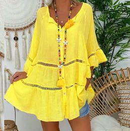 Dress Elegant Women's Vintage Yellow 3/4 Sleeve Cotton Linen Dress Spring/Summer Fashion Vneck Loose Button Hollow Out Dress S5XL