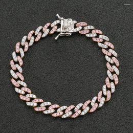 Link Bracelets Fashion Jewellery 9mm Pink Multi Cubic Zirconia Cuban Chain Bling Bracelet Hiphop Copper Bangle Iced For Men Women