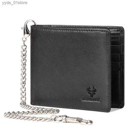 Money Clips KAVIS RFID Shielding Mens Credit Card Holder Wallets Genuine Leather Wallet with Iron Chain Casual Male Coin wallet Money Bag L240306