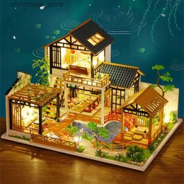 Architecture/DIY House DIY Wooden Doll Houses Chinese Ancient Casa Miniature Building Kits with Furniture Led Light Dollhouse for Girls Birthday Gifts