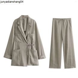 Kvinnor Tvåbitar byxor Autumn Women Minimalist Jacket Byxa Set Fashion Office Tie Bow Coat Ladies Wide Leg Spring Suits