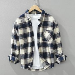 Japanese style artistic plaid long sleeved shirt, fashionable and trendy, versatile loose casual top, men's one-piece hair replacement