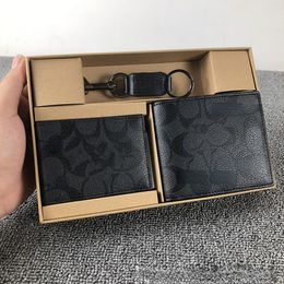 Men's Brand Relief Short Business Wallets Casual Cowhide Half Fold Wallet Card Holder Keychain Gift Box