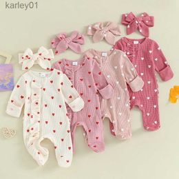 Footies 2023-11-23 Lioraitiin 0-6M Newborn Baby Girl Valentines Day Outfit Ruffle Heart Long Sleeve Footie Waffle Romper Headband Set YQ240306