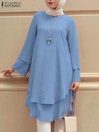 Clothing Fashion Ruffles Casual Loose Turkey Abaya Hijab Top ZANZEA 2023 Spring Elegant Long Sleeve Solid Shirt Women Muslim Abaya Blouse