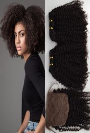 Afro Kinky Curly 44 Silk Closure With 2Pcs Brazilian Hair Natural Colour Human Hair Cheap Virgin Hair Bundles With Closure 3PcsLo1925136