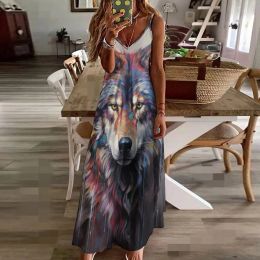 Dress Vintage Wolf Butterfly Print Dress Sexy Spaghetti Strap V Neck Long Dresses Women Summer Beach Dresses Party Tunic Clothing