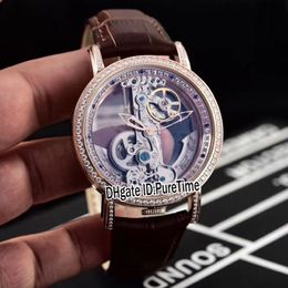 New Golden Bridge 42mm Rose Gold Diamond Bezel Inner Skeleton Dial Automatic Tourbillon Mens Watch Sports Watches Brown Leather C-240U