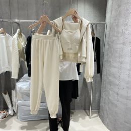 Suits Sporty Style Women 3pcs Long Pants Sets Letter Appliques Camisole+Solid Hooded Short Coat+Elastic Waist Ankle Length Trouser