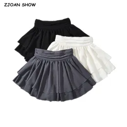 Skirts 2023 Fashion Ruched High Waist Ruffles Swing Mini Skirts With Bud Shorts Underwear Lining Skater Skirts Grey black white