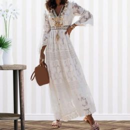 Dress Long Dress Women Boho Lace Maxi Dress Summer Beach Holiday White Wedding Dresses Ladies Retro V Neck Sundress Ropa Mujer